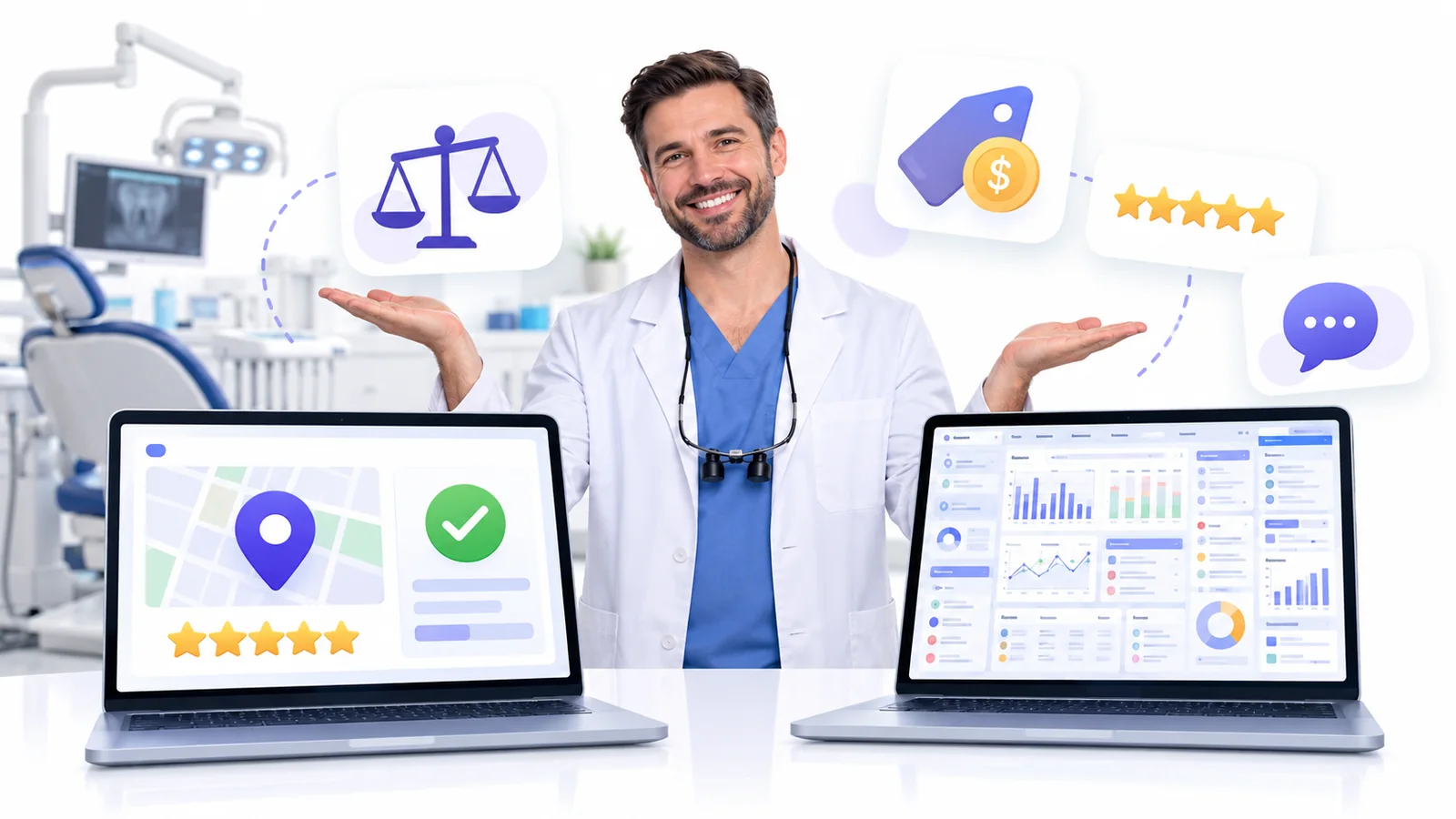 Business owner comparing a simple Flento dashboard with a cluttered multi-tool dashboard to choose a Birdeye alternative
