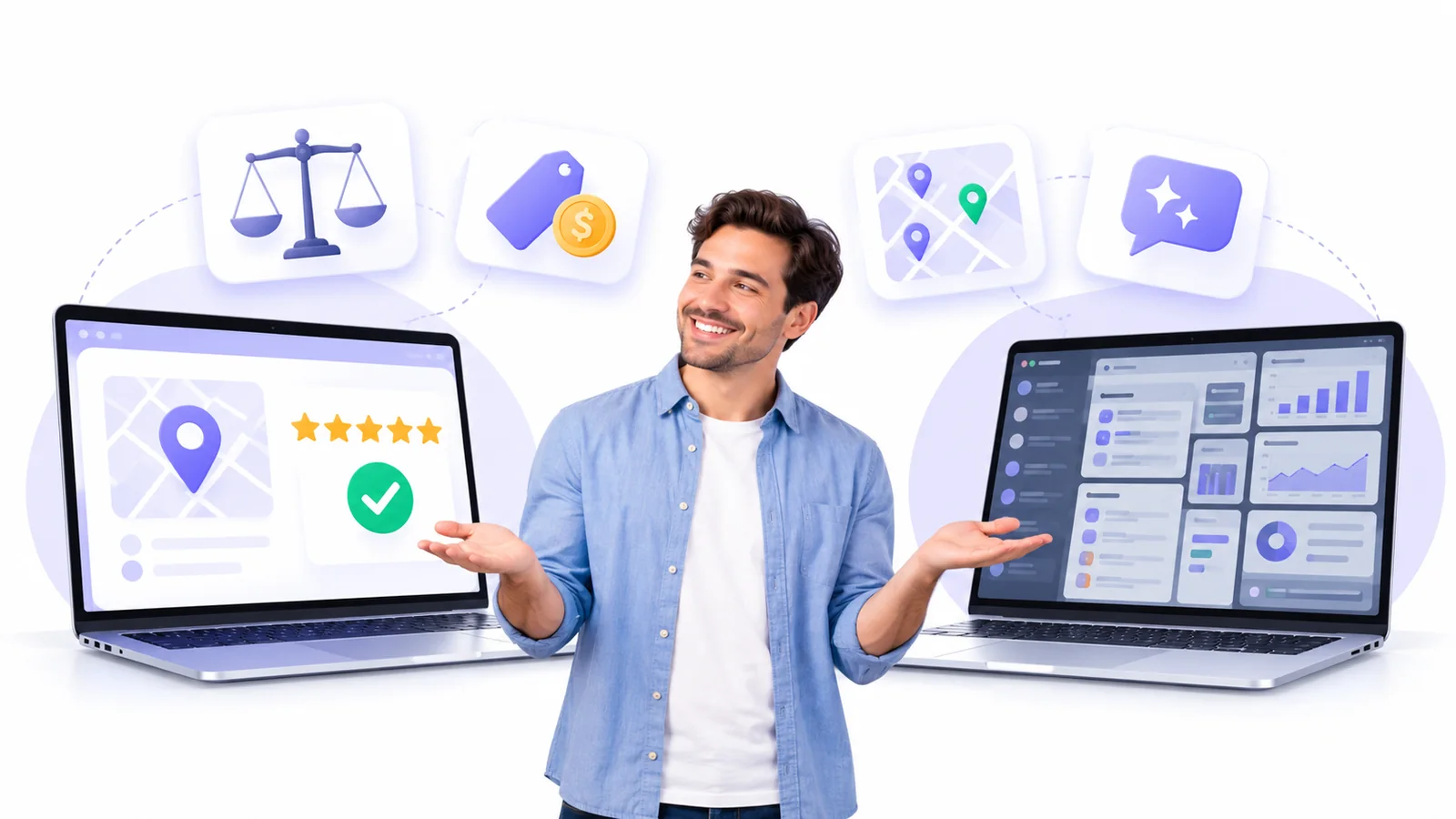 Business owner comparing a simple Flento dashboard with a cluttered multi-tool dashboard to choose a BrightLocal alternative