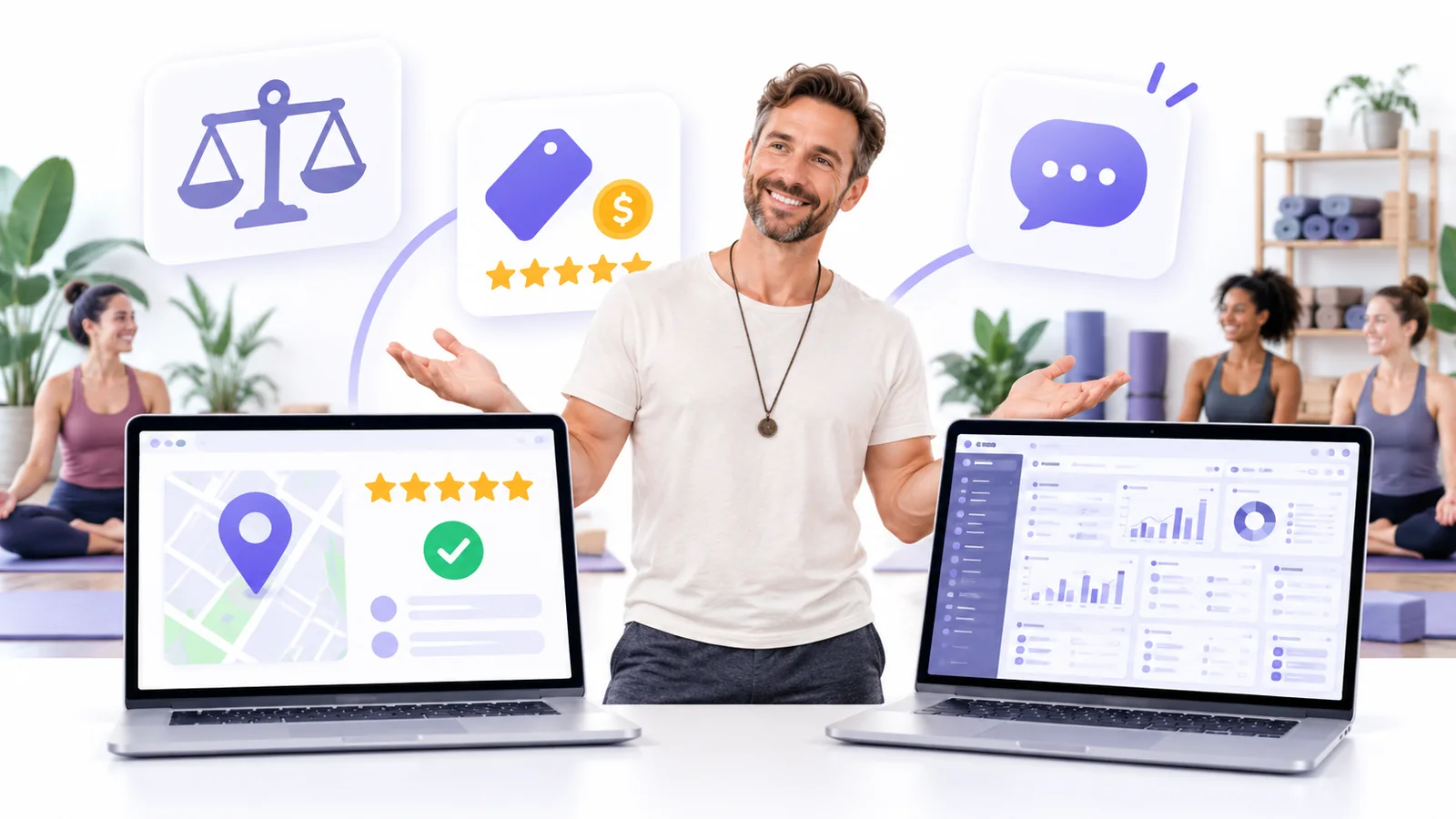 Business owner comparing a simple Flento dashboard with a cluttered multi-tool dashboard to choose a Broadly alternative