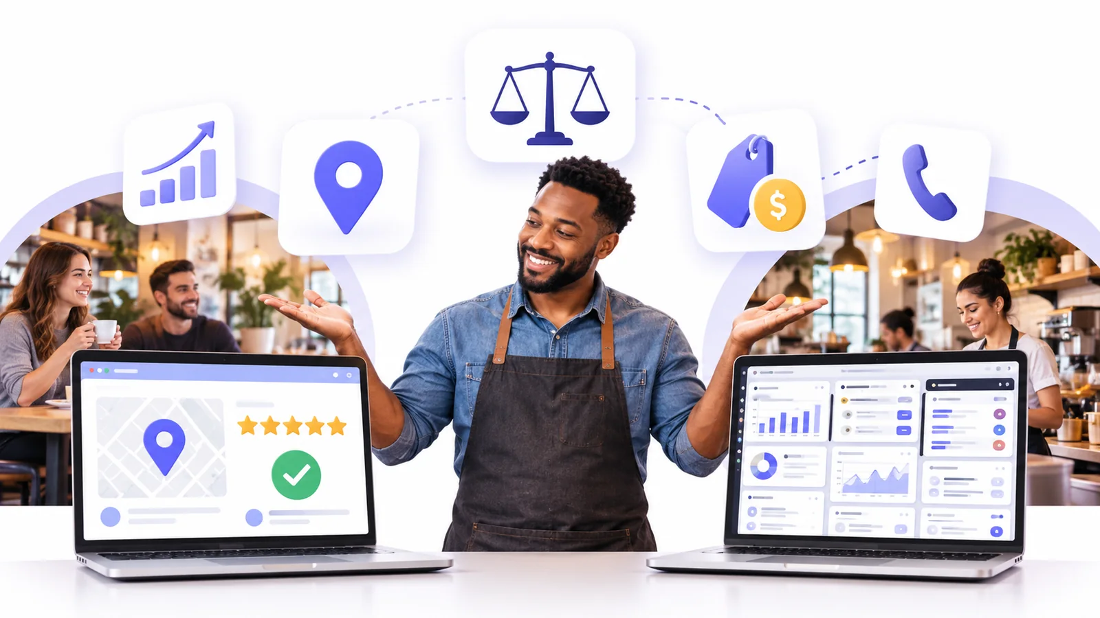 Business owner comparing a simple Flento dashboard with a cluttered multi-tool dashboard to choose a CallRail alternative