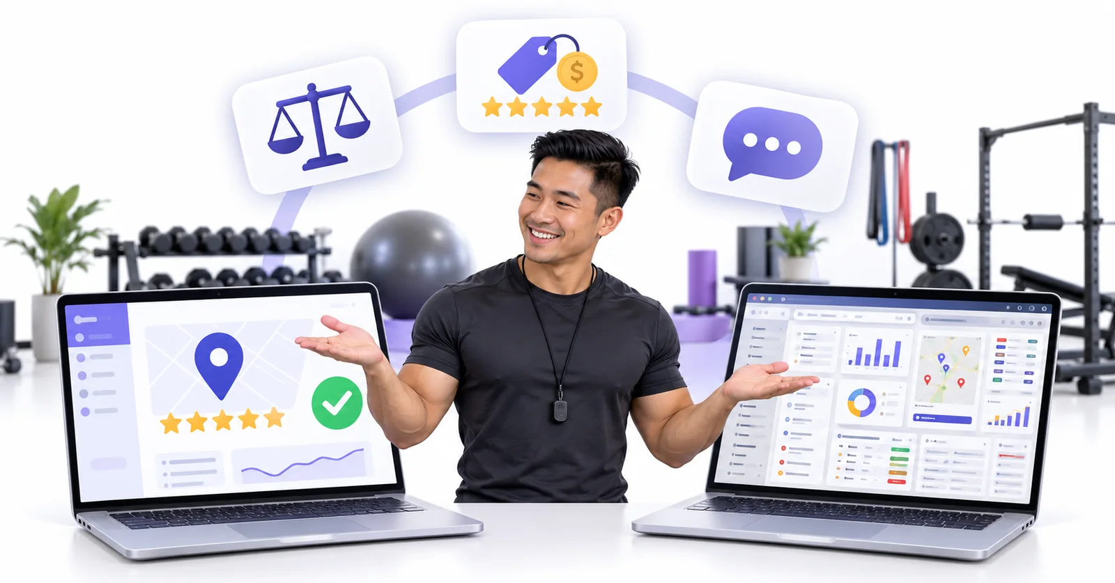Business owner comparing a simple Flento dashboard with a cluttered multi-tool dashboard to choose a EmbedSocial alternative