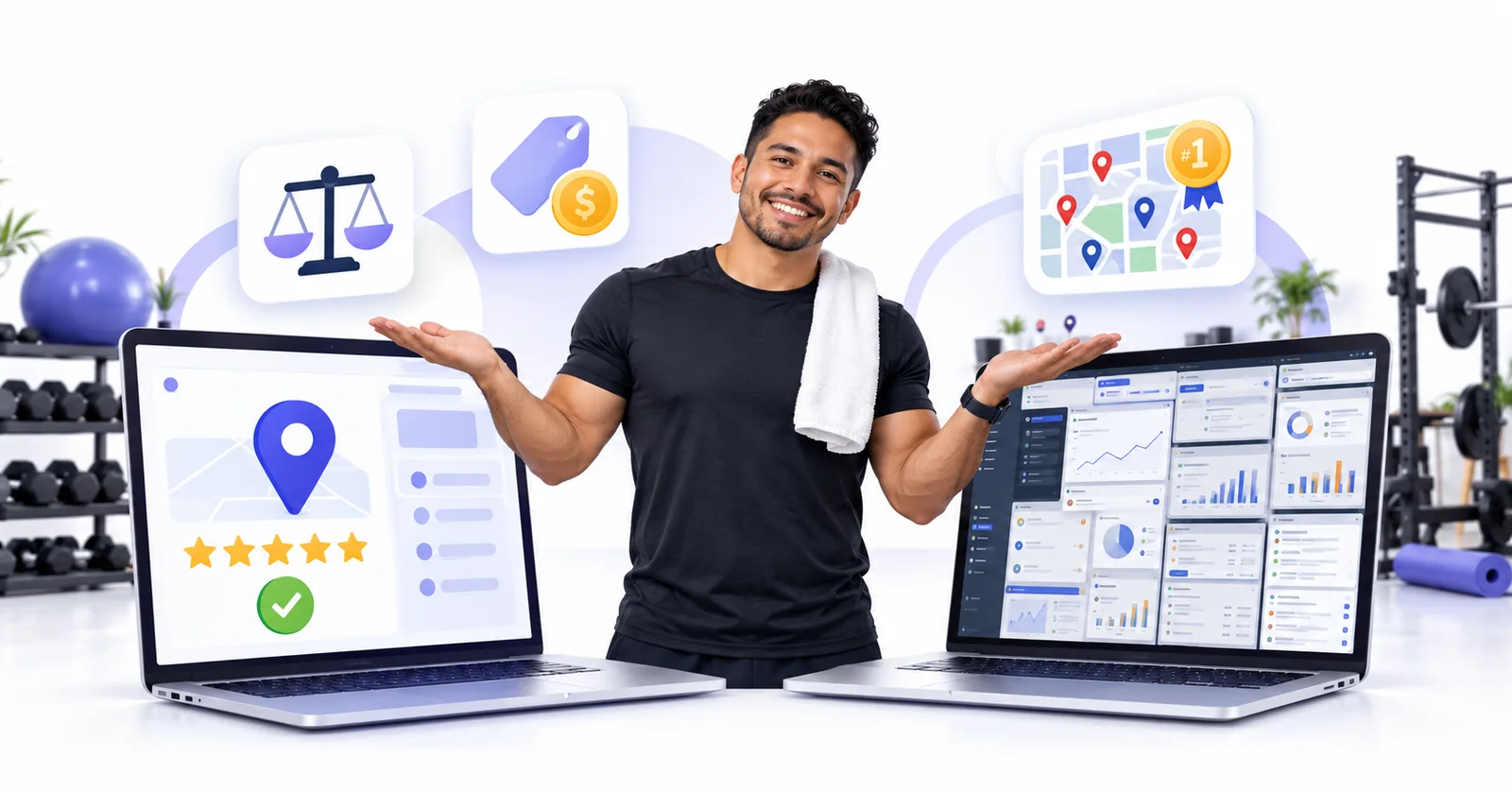 Business owner comparing a simple Flento dashboard with a cluttered multi-tool dashboard to choose a GMB Crush alternative