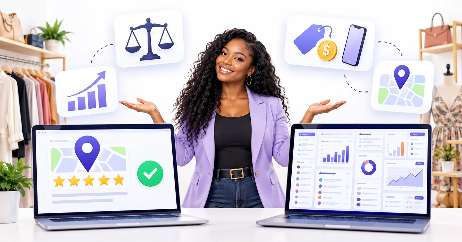Business owner comparing a simple Flento dashboard with a cluttered multi-tool dashboard to choose a Google Business Profile Manager alternative