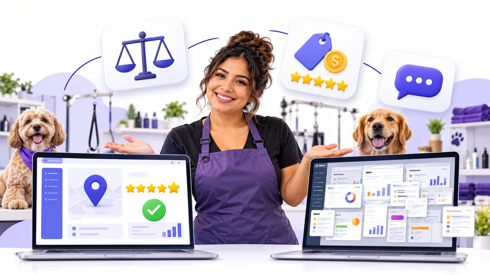 Business owner comparing a simple Flento dashboard with a cluttered multi-tool dashboard to choose a Grade.us alternative