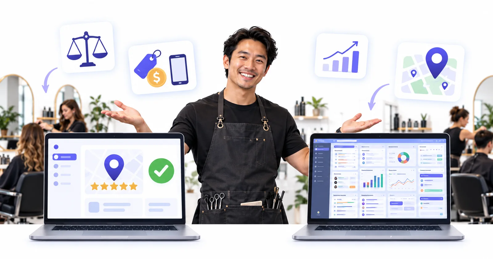 Business owner comparing a simple Flento dashboard with a cluttered multi-tool dashboard to choose a Housecall Pro alternative