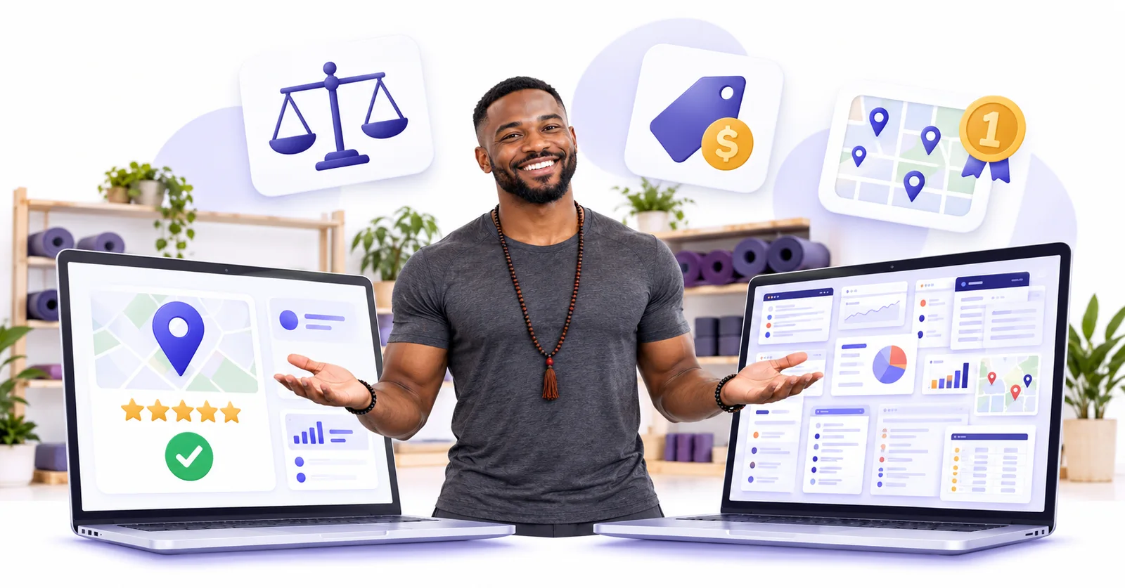 Business owner comparing a simple Flento dashboard with a cluttered multi-tool dashboard to choose a Local Viking alternative