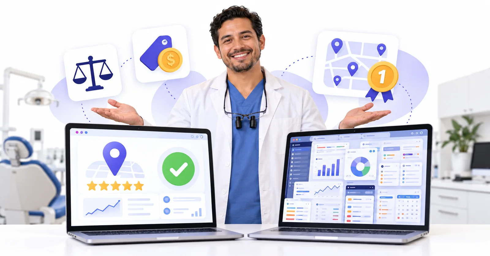 Business owner comparing a simple Flento dashboard with a cluttered multi-tool dashboard to choose a LocalClarity alternative