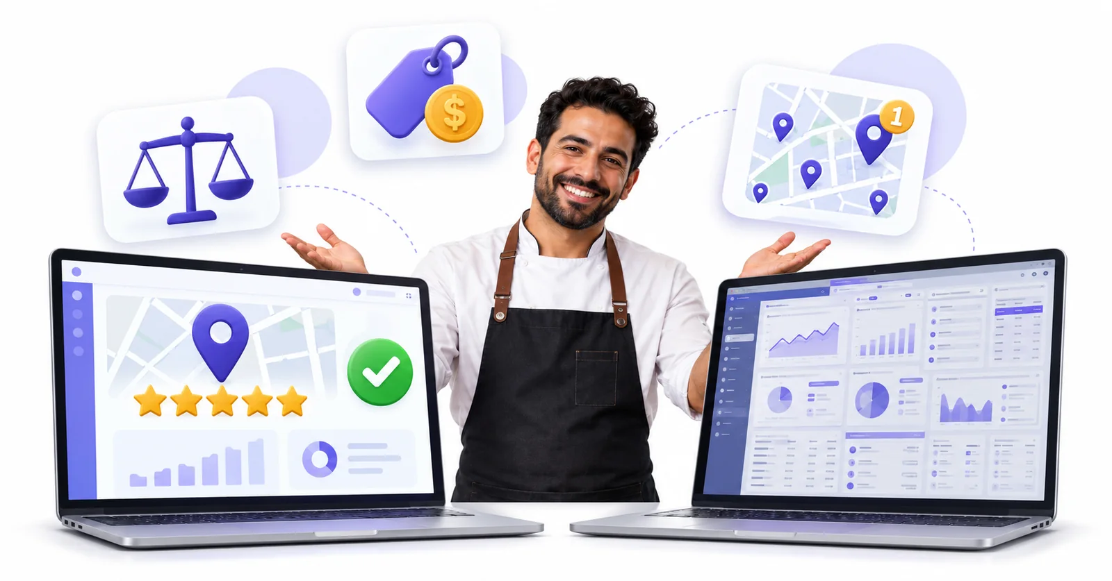 Business owner comparing a simple Flento dashboard with a cluttered multi-tool dashboard to choose a Localo alternative