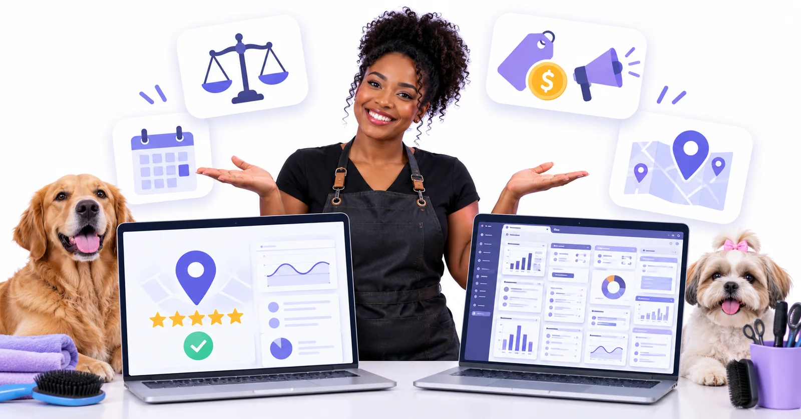 Business owner comparing a simple Flento dashboard with a cluttered multi-tool dashboard to choose a Marketing 360 alternative