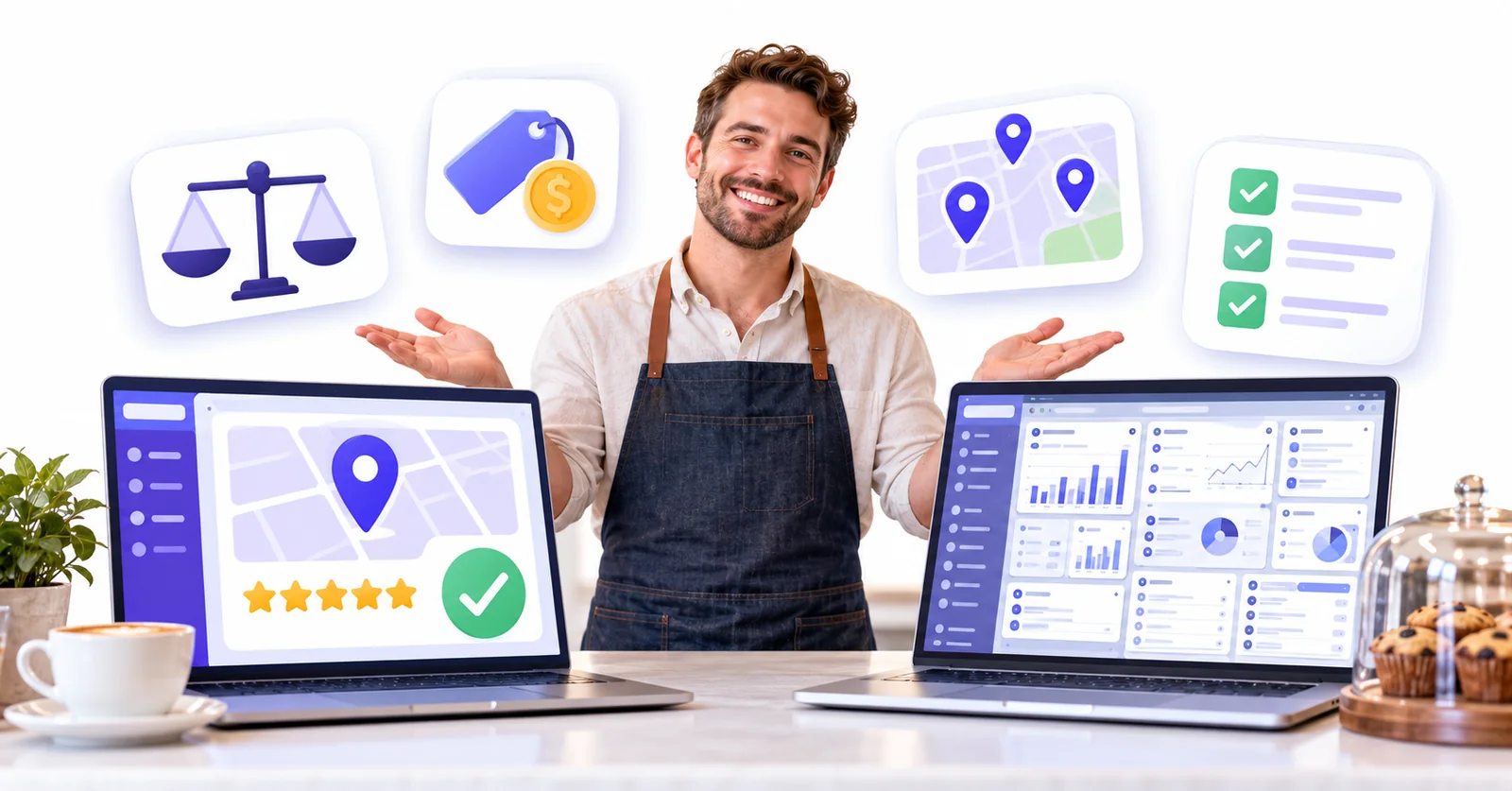 Business owner comparing a simple Flento dashboard with a cluttered multi-tool dashboard to choose a Partoo alternative