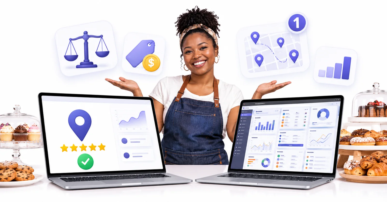 Business owner comparing a simple Flento dashboard with a cluttered multi-tool dashboard to choose a Places Scout alternative