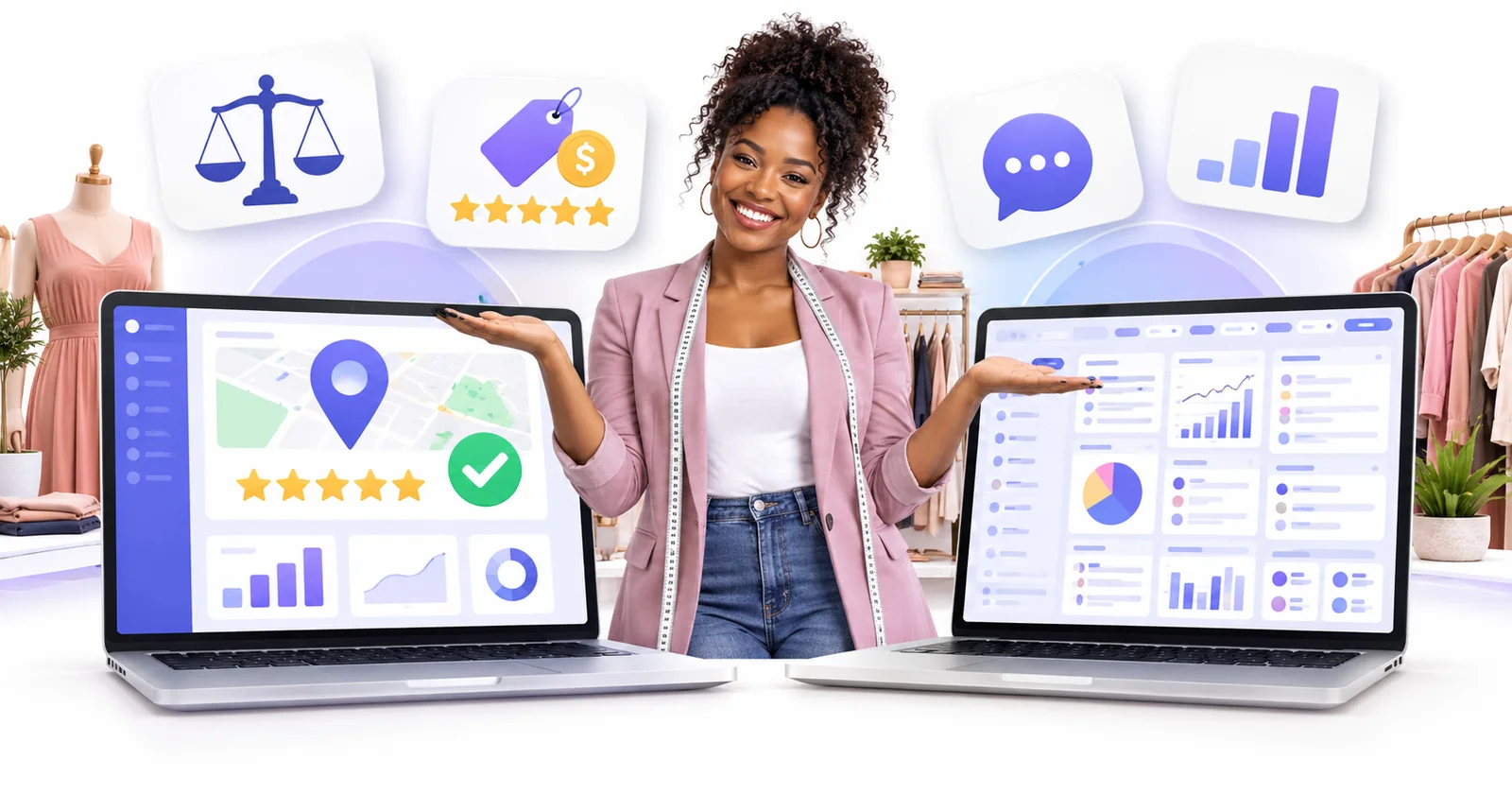 Business owner comparing a simple Flento dashboard with a cluttered multi-tool dashboard to choose a Podium alternative