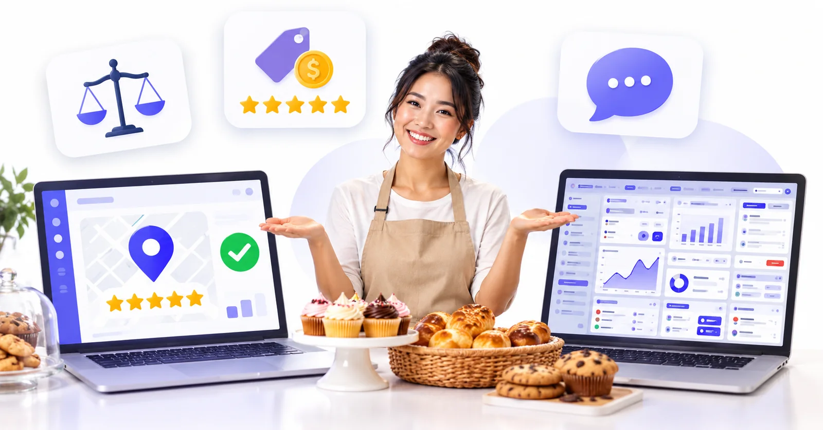 Business owner comparing a simple Flento dashboard with a cluttered multi-tool dashboard to choose a Reputation.com alternative