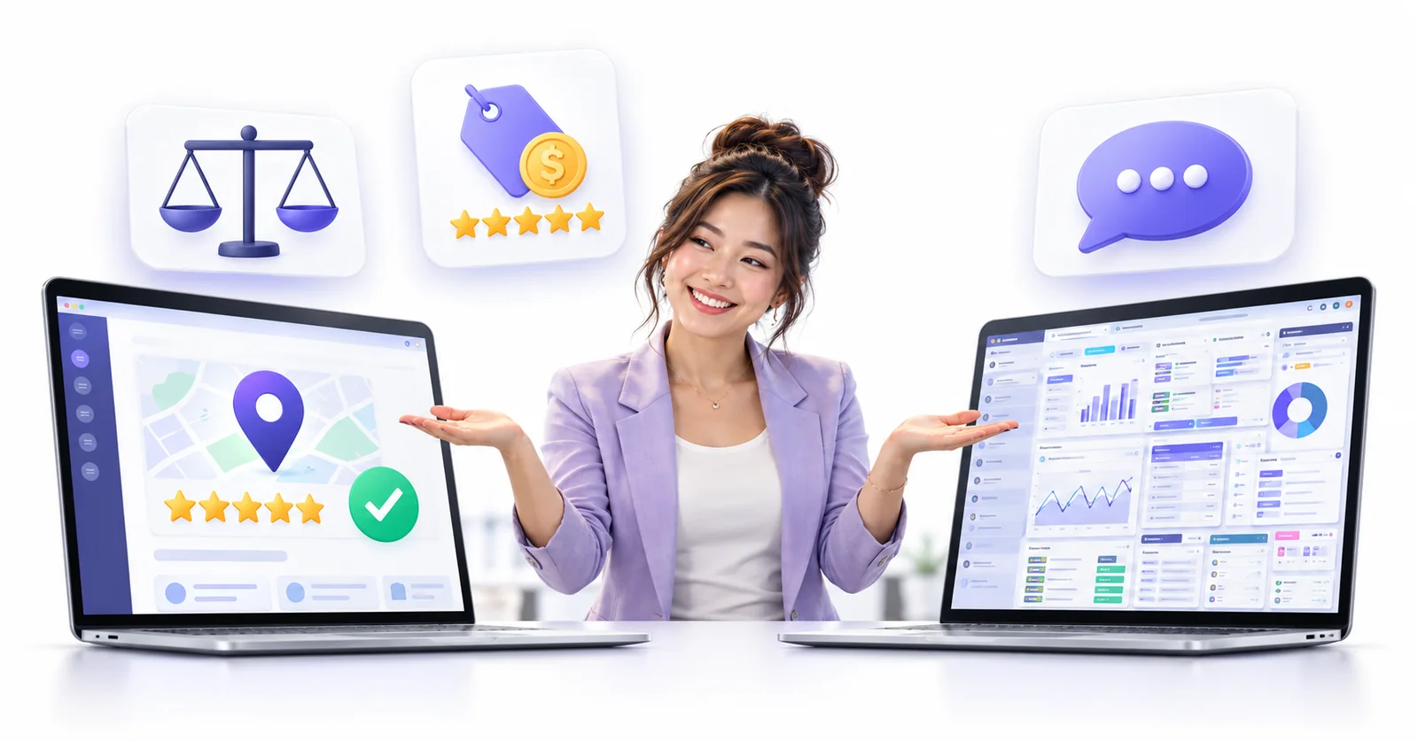Business owner comparing a simple Flento dashboard with a cluttered multi-tool dashboard to choose a ReviewBuzz alternative