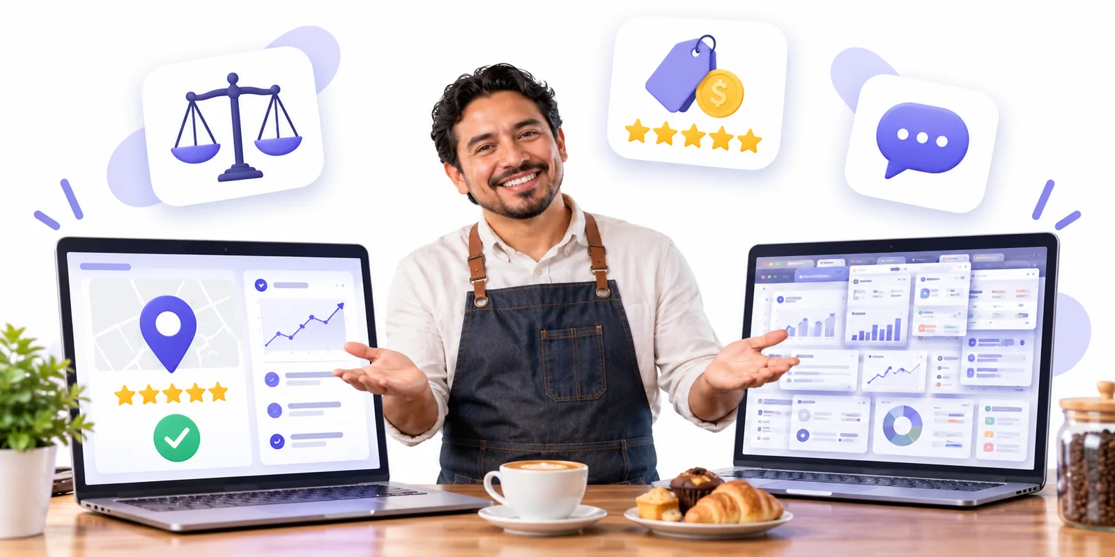 Business owner comparing a simple Flento dashboard with a cluttered multi-tool dashboard to choose a Reviews.io alternative