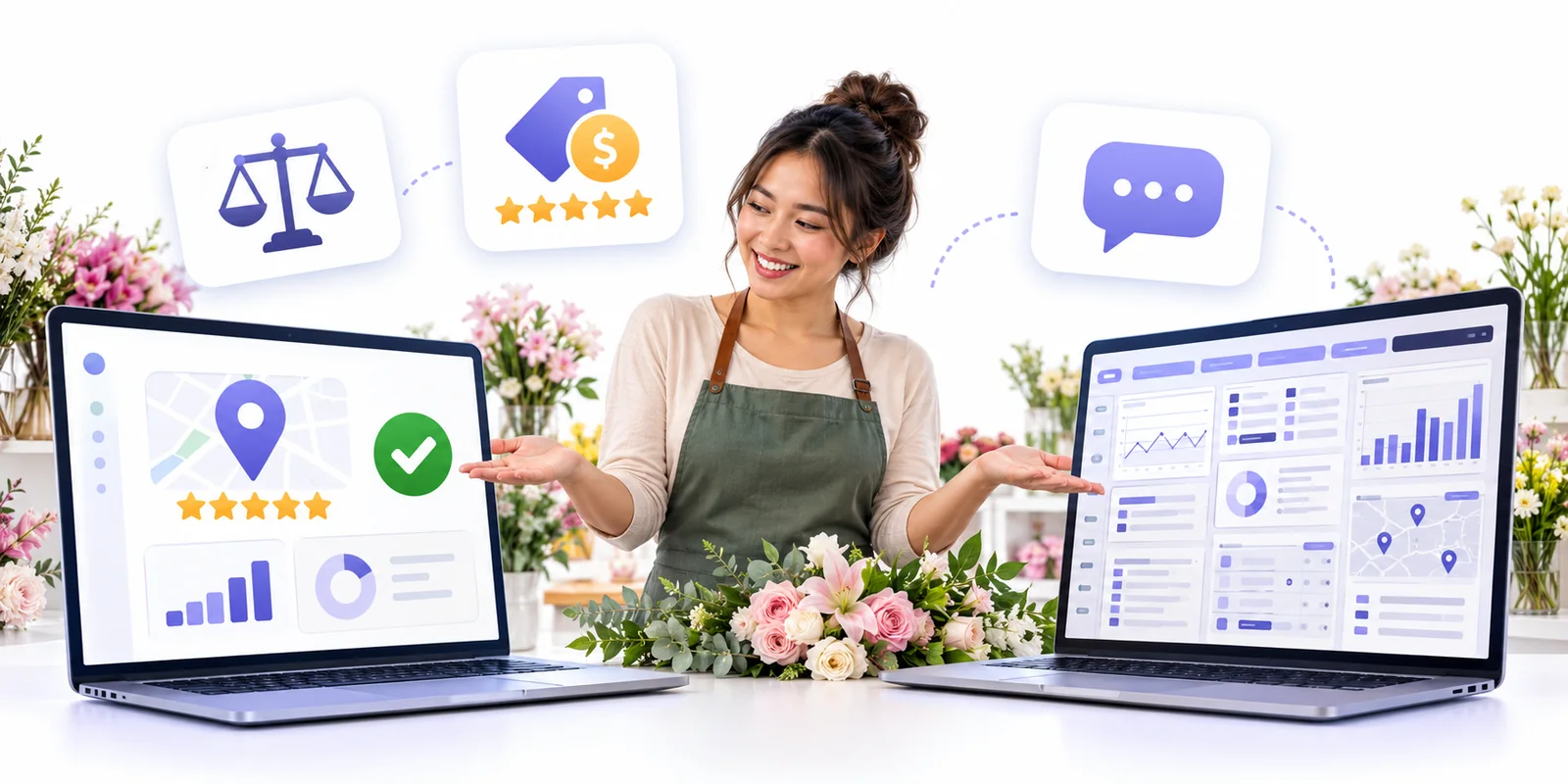 Business owner comparing a simple Flento dashboard with a cluttered multi-tool dashboard to choose a Reviewshake alternative