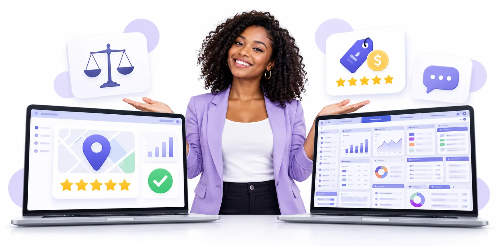 Business owner comparing a simple Flento dashboard with a cluttered multi-tool dashboard to choose a Rize Reviews alternative