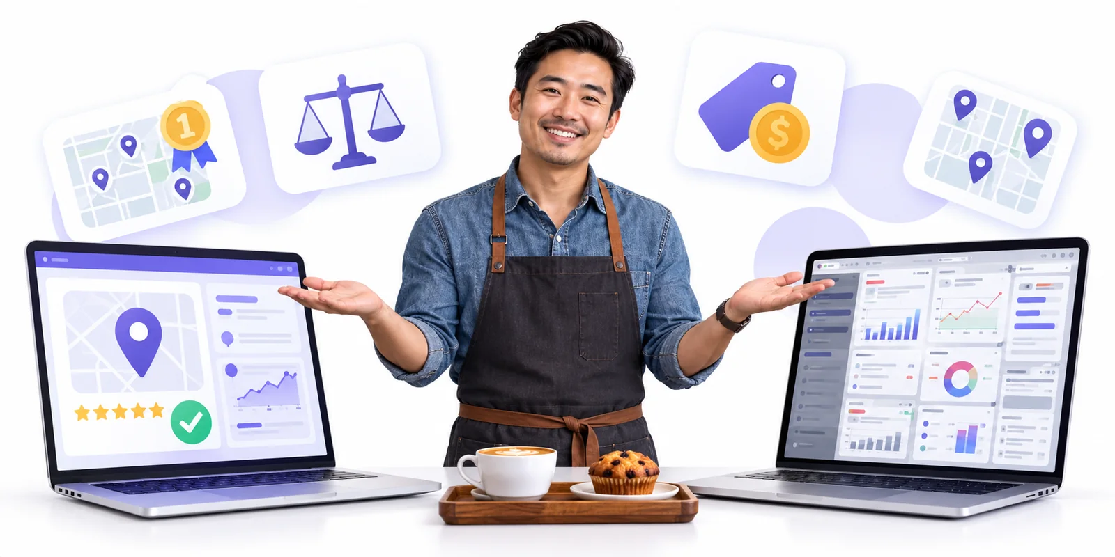 Business owner comparing a simple Flento dashboard with a cluttered multi-tool dashboard to choose a SE Ranking alternative