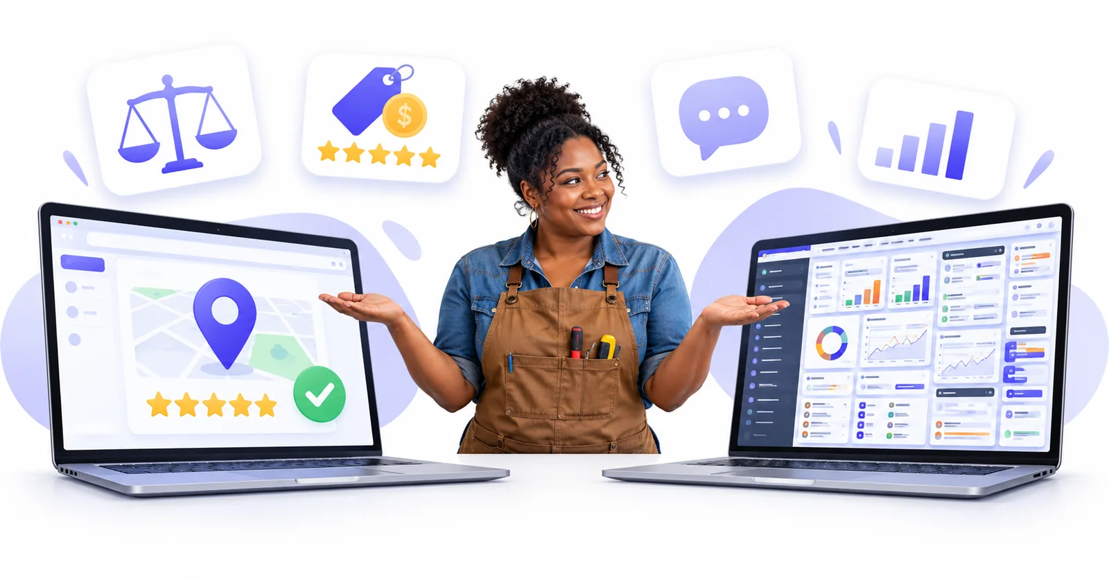 Business owner comparing a simple Flento dashboard with a cluttered multi-tool dashboard to choose a Signpost alternative