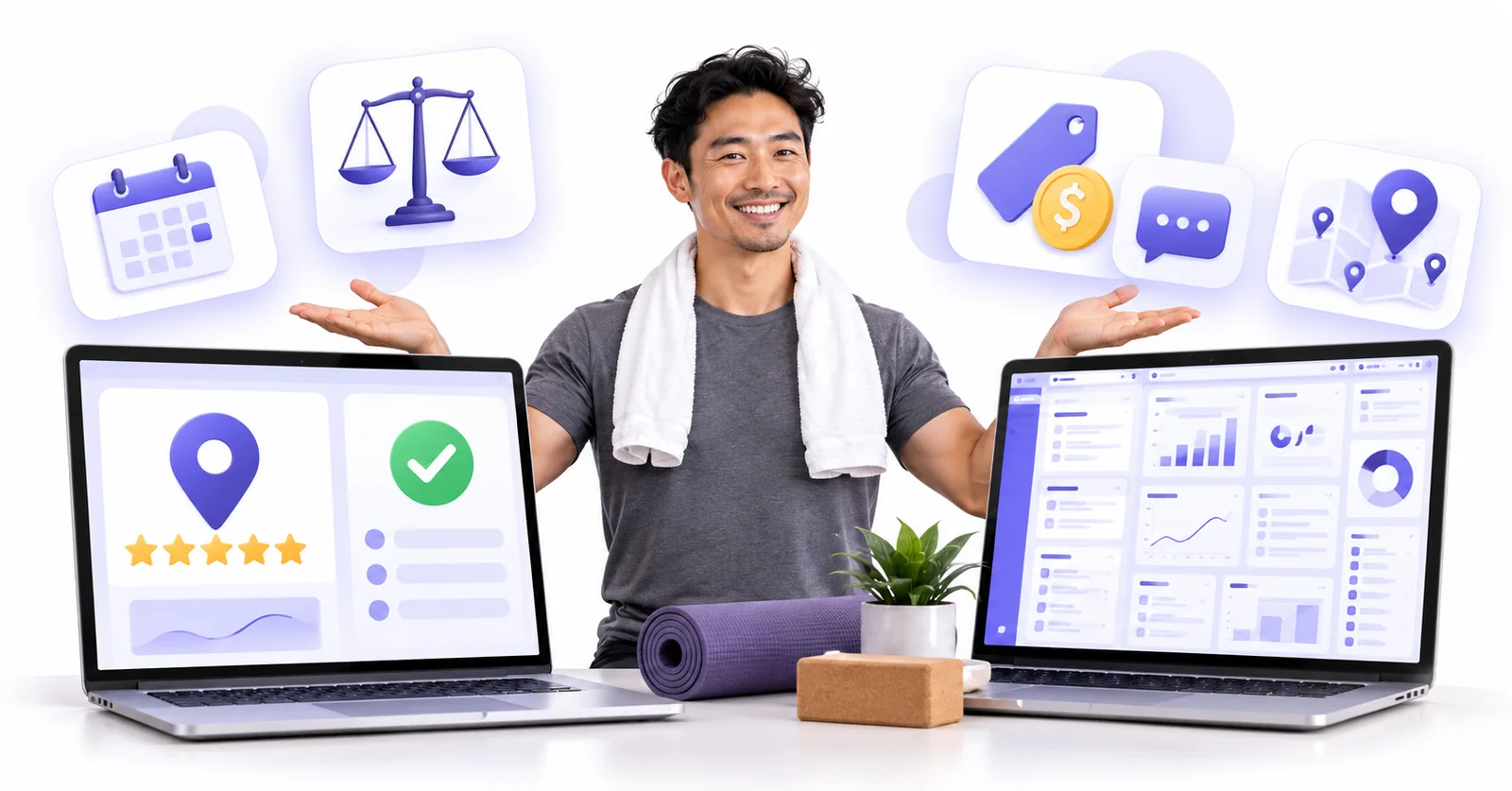 Business owner comparing a simple Flento dashboard with a cluttered multi-tool dashboard to choose a SOCi alternative