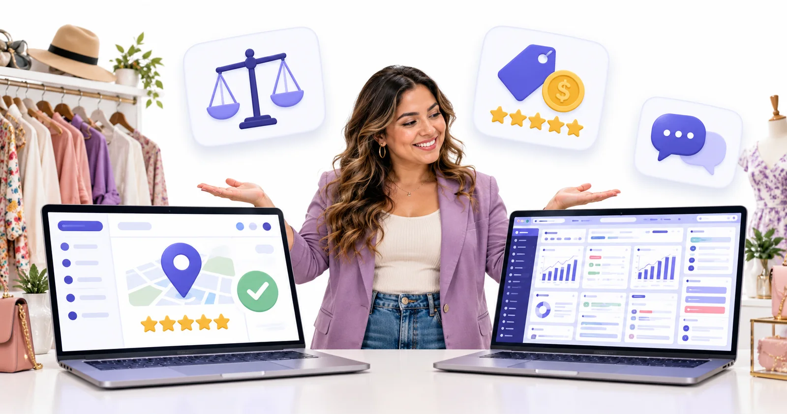 Business owner comparing a simple Flento dashboard with a cluttered multi-tool dashboard to choose a Trustmary alternative