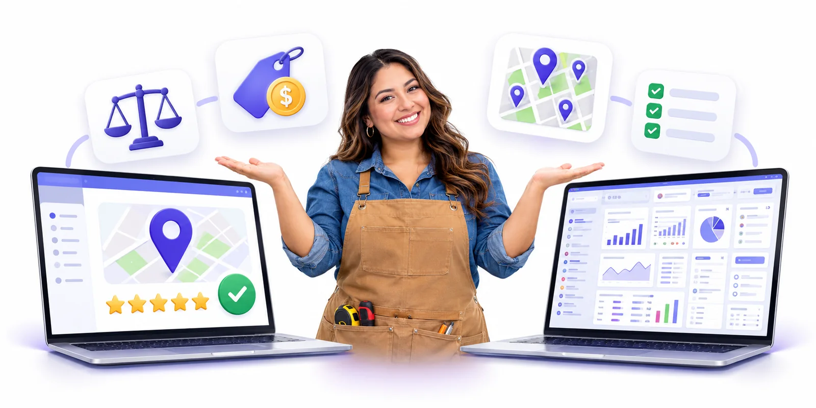 Business owner comparing a simple Flento dashboard with a cluttered multi-tool dashboard to choose a Uberall alternative