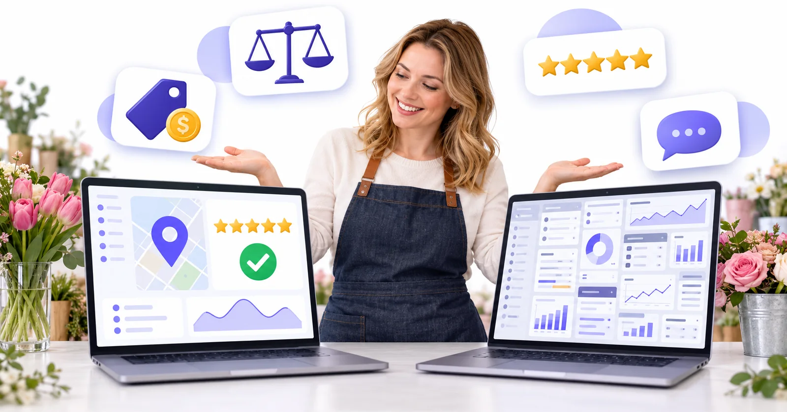 Business owner comparing a simple Flento dashboard with a cluttered multi-tool dashboard to choose a Weave alternative