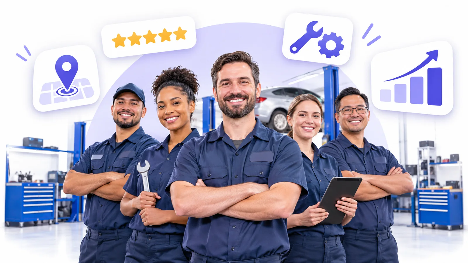 Auto mechanics and shop owner using Flento local SEO to rank on Google Maps