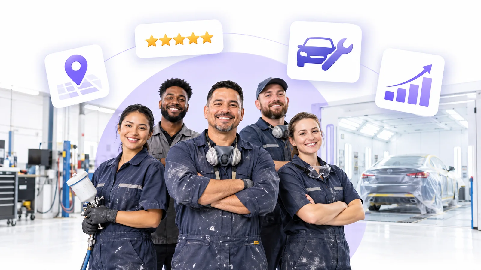 Auto body technicians and shop owner using Flento local SEO to rank on Google Maps