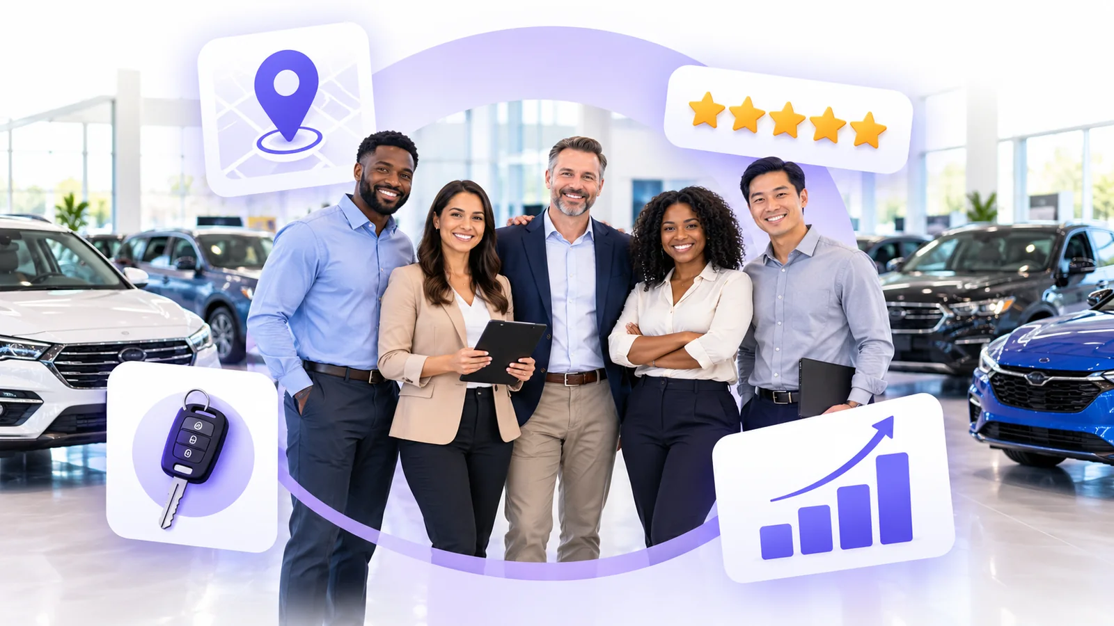 Car dealership team using Flento local SEO to rank on Google Maps