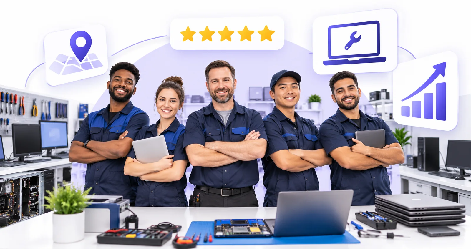 Computer repair technicians using Flento local SEO to rank on Google Maps