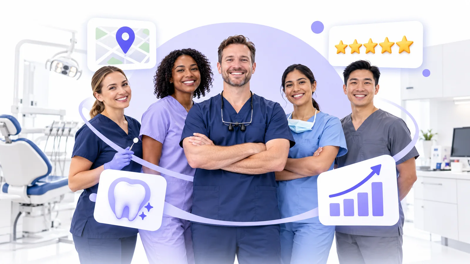 Dentist, hygienist, and dental assistant using Flento local SEO to rank on Google Maps