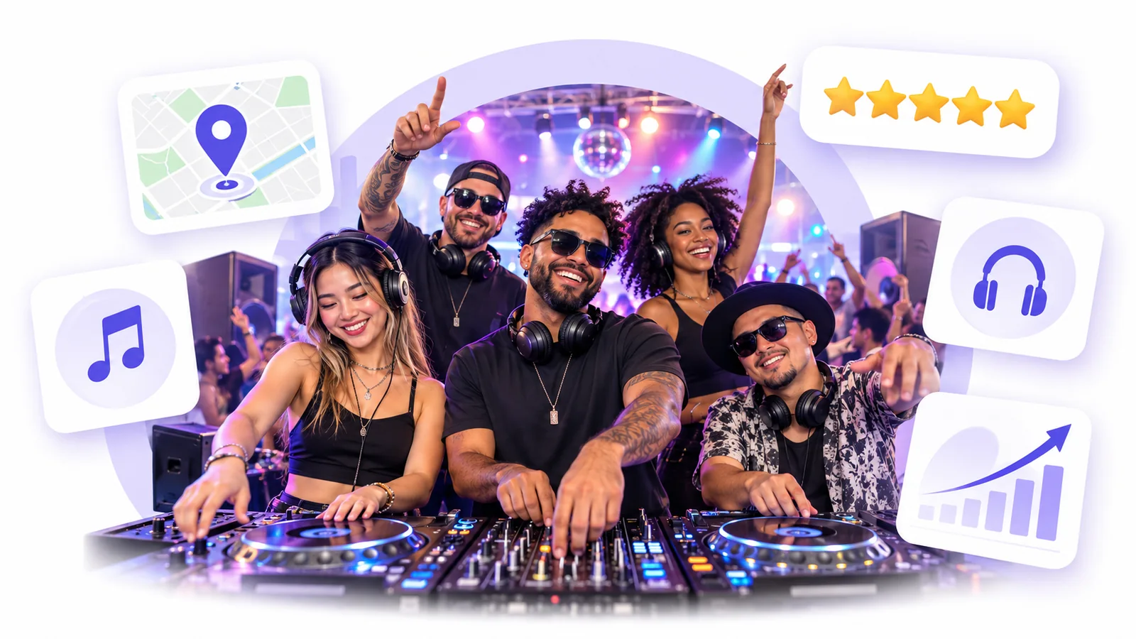 DJs at an event using Flento local SEO to rank on Google Maps