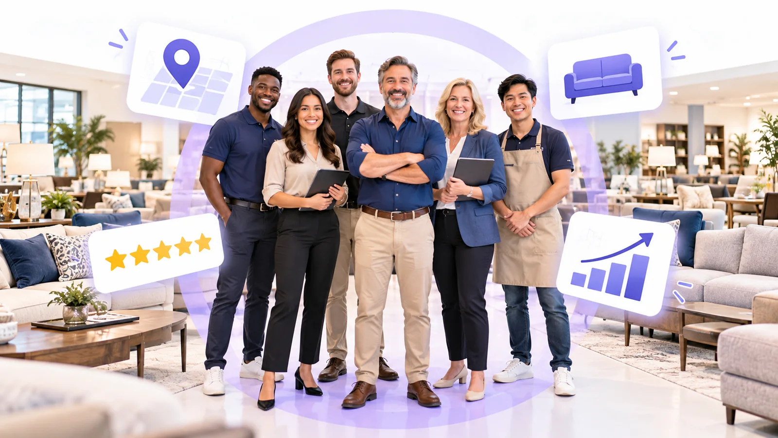 Furniture store owner and sales staff using Flento local SEO to rank on Google Maps