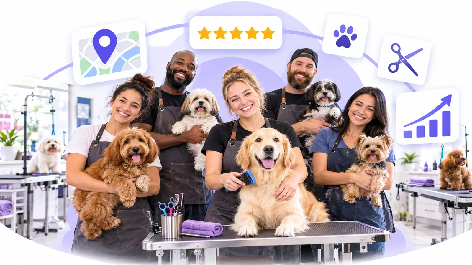Pet groomers with dogs using Flento local SEO to rank on Google Maps