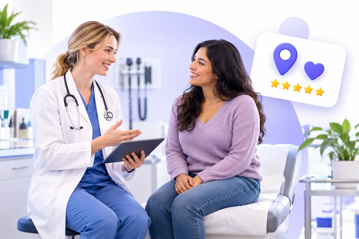 Doctor and dentist with a patient, showing healthcare local SEO on Google Maps