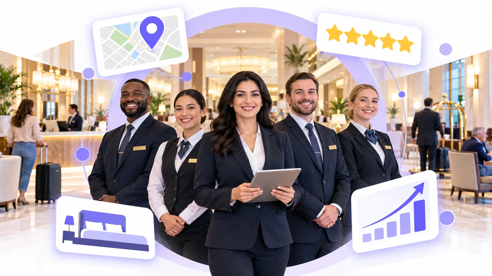 Hotel manager and front desk staff using Flento local SEO to rank on Google Maps