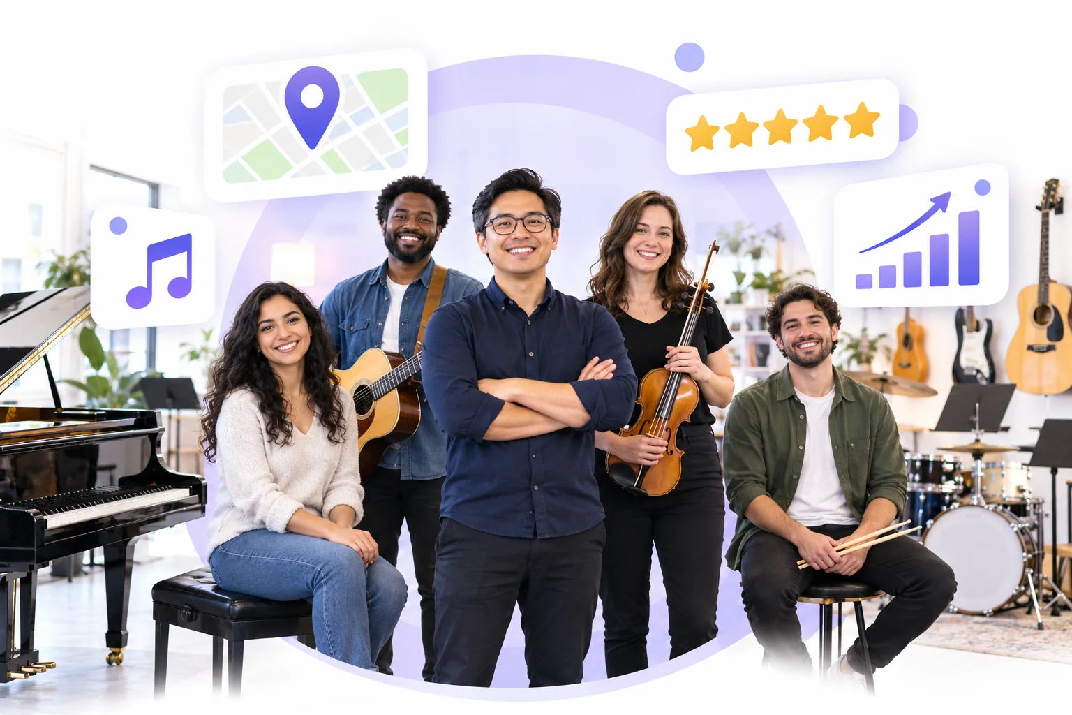 Music school owner and teachers using Flento local SEO to rank on Google Maps