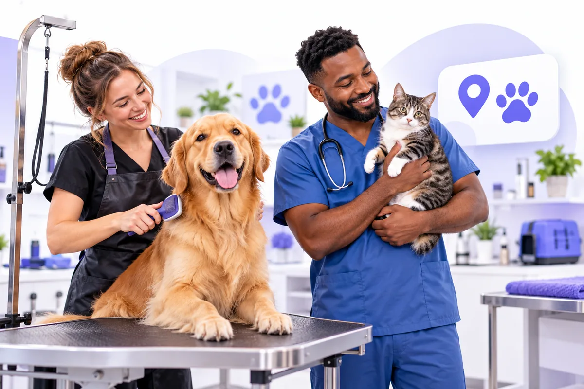 Pet groomer with a dog and a vet with a cat using Flento for local visibility