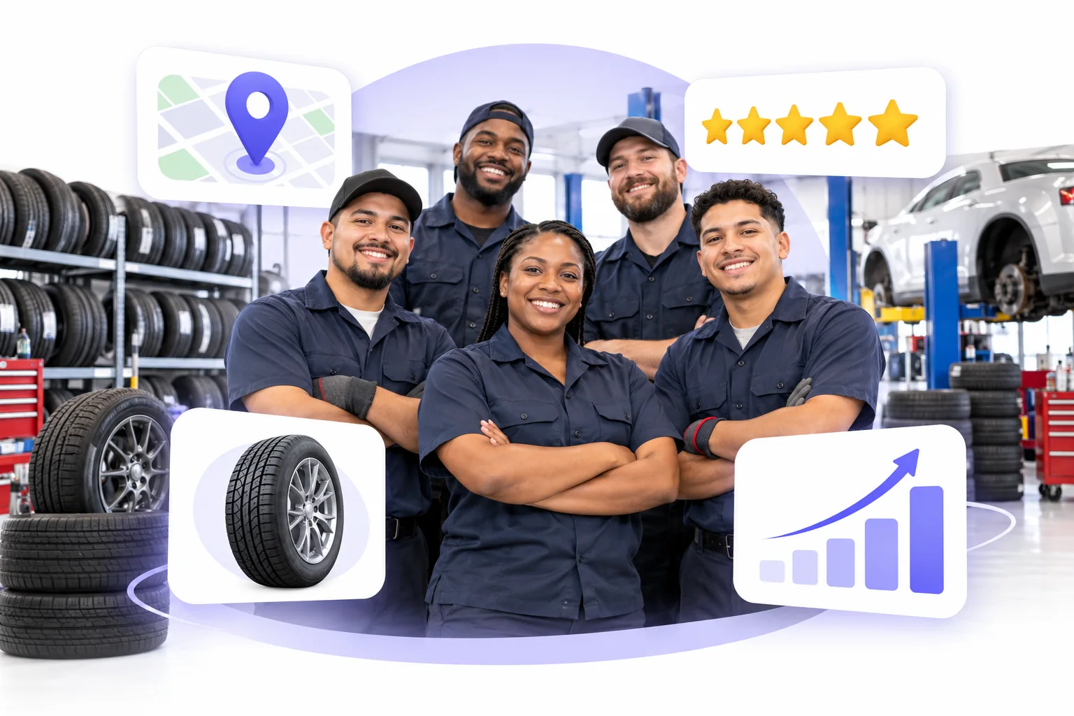 Tire technicians and shop owner using Flento local SEO to rank on Google Maps
