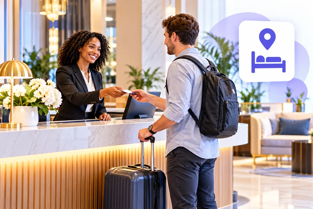 Hotel receptionist in a lobby using Flento to improve local travel visibility