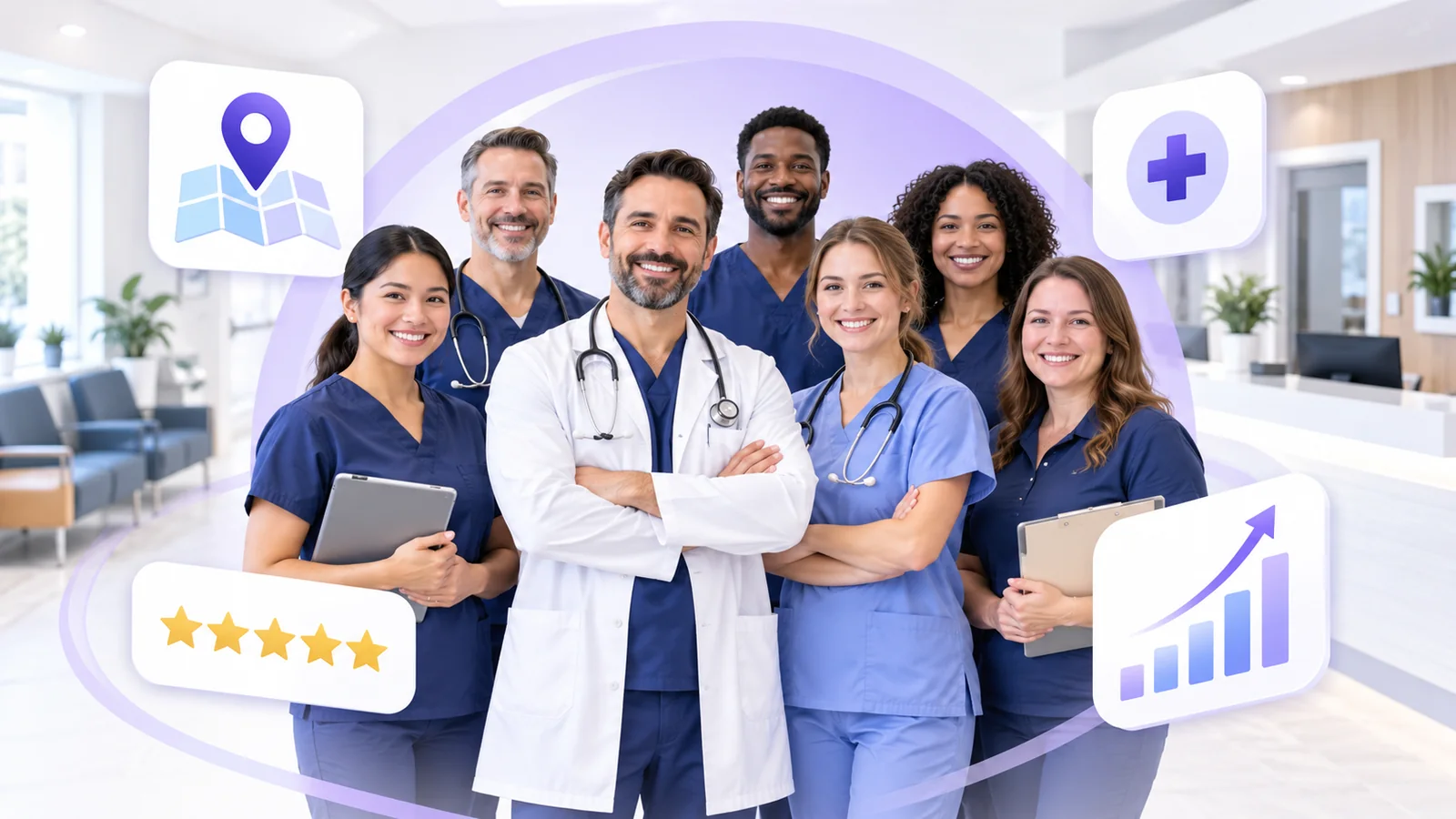 Doctor, nurse, and front desk staff using Flento local SEO to rank on Google Maps